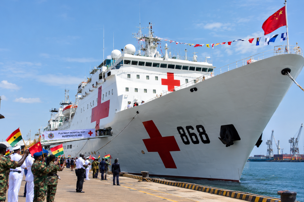 Illustration of the Chinese Navy hospital ship Auspicious Ark, scheduled to visit Tema Port, Ghana, for a medical outreach programme. Image: AI-generated illustration